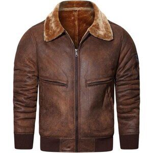 Men’s Faux Fur Leather Jacket Winter Fleece Lined Coat Vintage Bomber Jacket